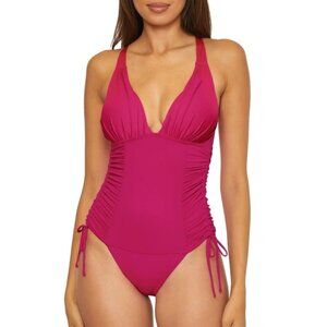 DKNY 8 Shirred Cinched Tie One-Piece Swimsuit Halter Built In Bra Sexy Hot Pink